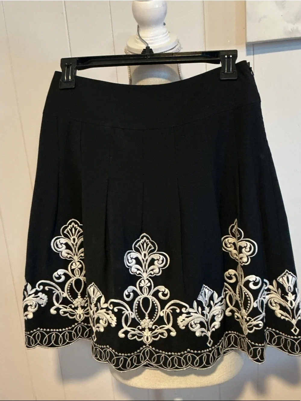 Ann Taylor Black Midi Skirt with White Embroidered Hem